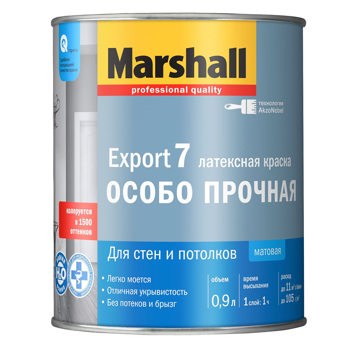 MARSHALL EXPORT 7 ОСОБО ПРОЧНАЯ краска латексн. для стен и потолков,  матовая, база BW (0,9л) — купить в Москве по низкой цене