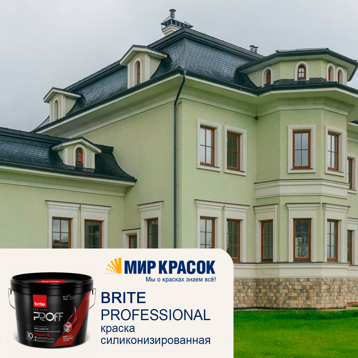 BRITE PROFESSIONAL краска фасадная силиконизированная, база А (9л) — купить  в Москве по низкой цене